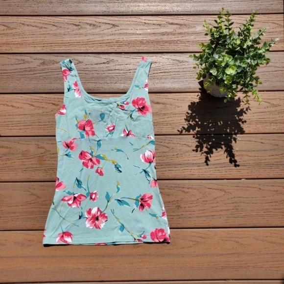 Express Pink Floral Green Tank Top Shelf Bra Poppy Shirt Casual Preppy Pastel XS - Picture 8 of 8